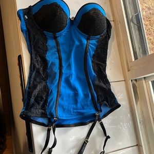 Blue and black corset with garter